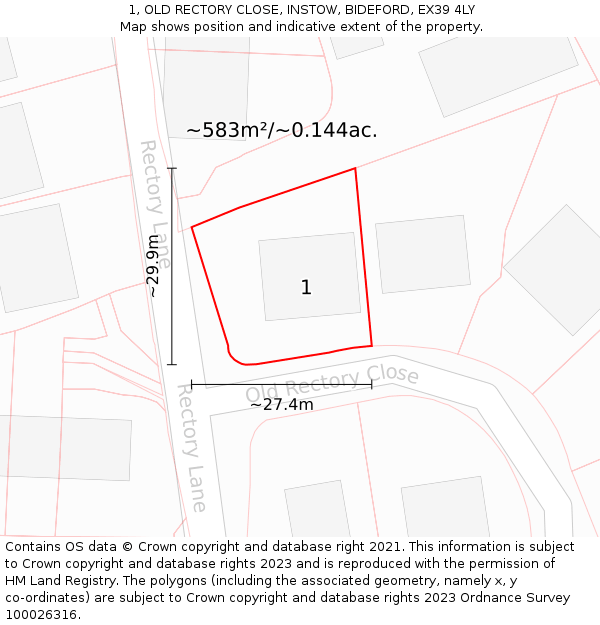 1, OLD RECTORY CLOSE, INSTOW, BIDEFORD, EX39 4LY: Plot and title map