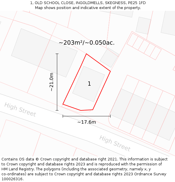 1, OLD SCHOOL CLOSE, INGOLDMELLS, SKEGNESS, PE25 1FD: Plot and title map