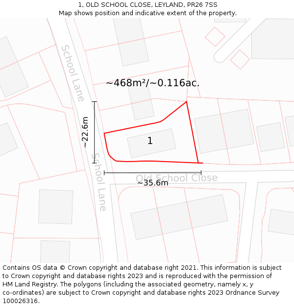 1, OLD SCHOOL CLOSE, LEYLAND, PR26 7SS: Plot and title map