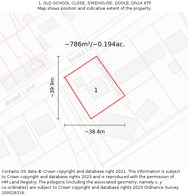 1, OLD SCHOOL CLOSE, SYKEHOUSE, GOOLE, DN14 9TP: Plot and title map