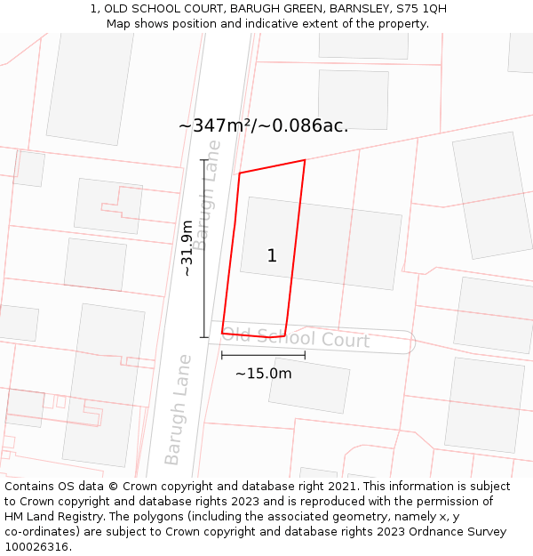 1, OLD SCHOOL COURT, BARUGH GREEN, BARNSLEY, S75 1QH: Plot and title map
