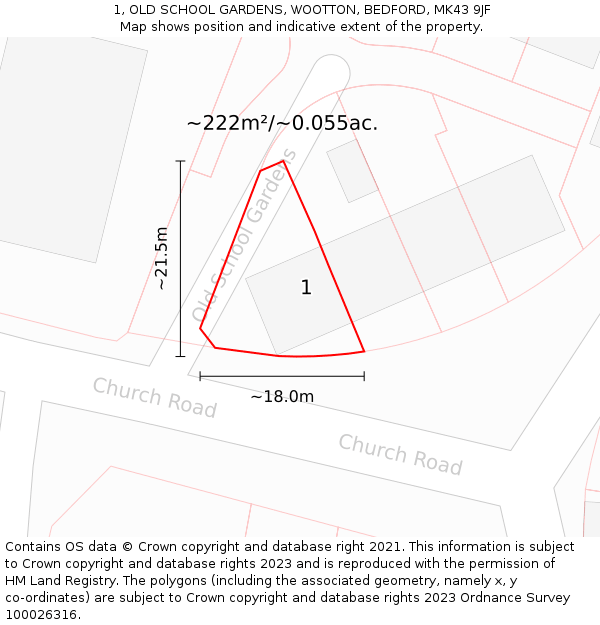 1, OLD SCHOOL GARDENS, WOOTTON, BEDFORD, MK43 9JF: Plot and title map