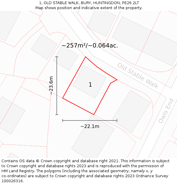 1, OLD STABLE WALK, BURY, HUNTINGDON, PE26 2LT: Plot and title map