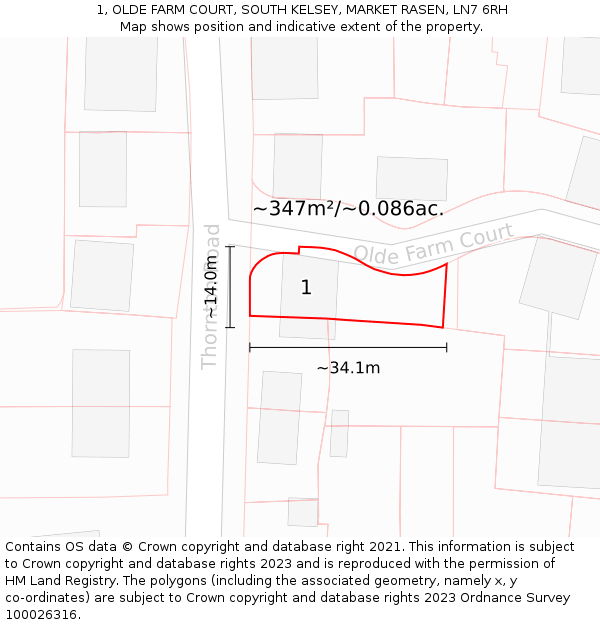 1, OLDE FARM COURT, SOUTH KELSEY, MARKET RASEN, LN7 6RH: Plot and title map