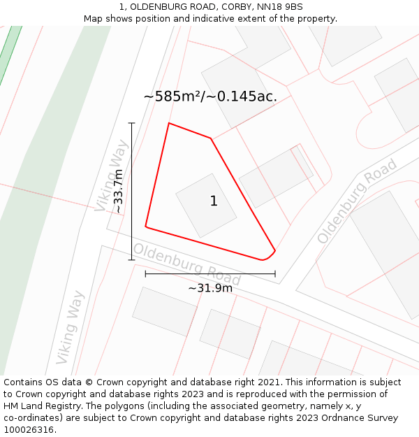 1, OLDENBURG ROAD, CORBY, NN18 9BS: Plot and title map