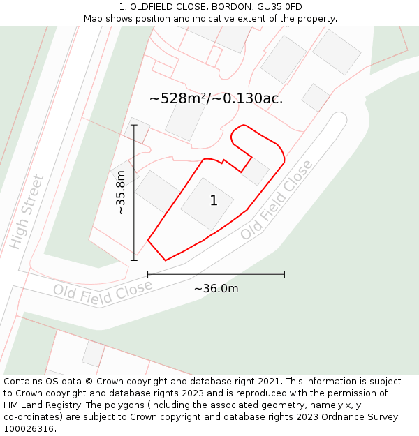 1, OLDFIELD CLOSE, BORDON, GU35 0FD: Plot and title map