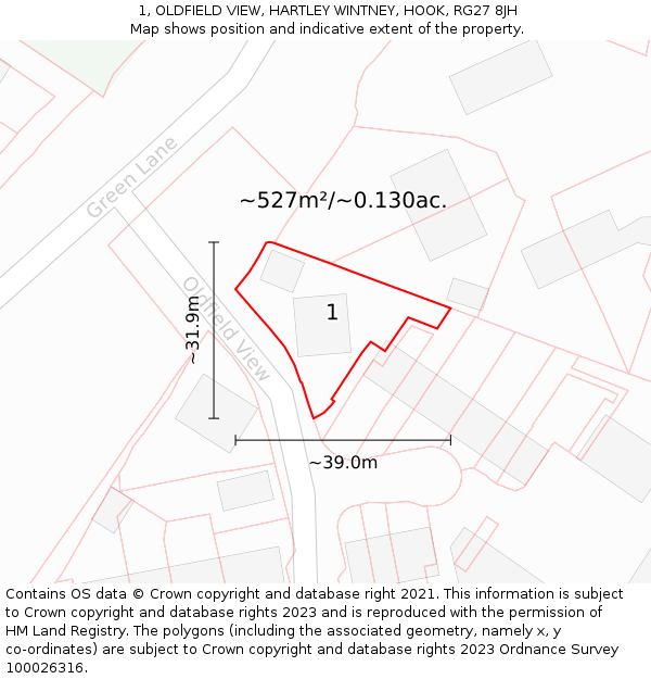 1, OLDFIELD VIEW, HARTLEY WINTNEY, HOOK, RG27 8JH: Plot and title map
