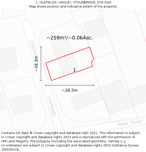 1, OLDFIELDS, HAGLEY, STOURBRIDGE, DY9 0QG: Plot and title map