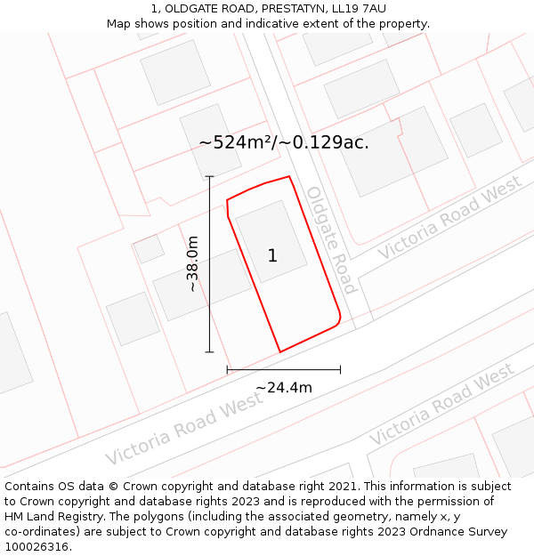 1, OLDGATE ROAD, PRESTATYN, LL19 7AU: Plot and title map