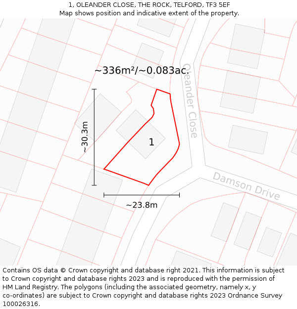 1, OLEANDER CLOSE, THE ROCK, TELFORD, TF3 5EF: Plot and title map