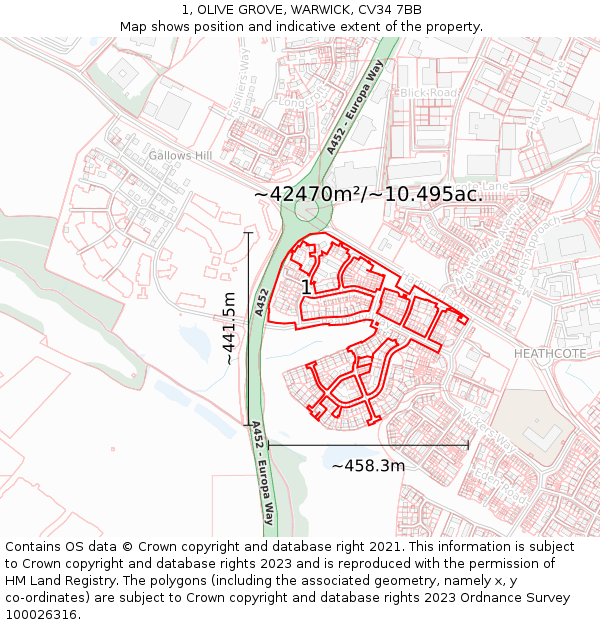 1, OLIVE GROVE, WARWICK, CV34 7BB: Plot and title map