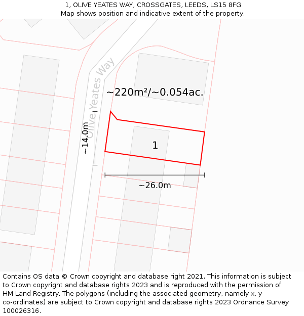 1, OLIVE YEATES WAY, CROSSGATES, LEEDS, LS15 8FG: Plot and title map