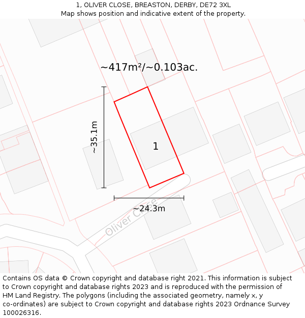 1, OLIVER CLOSE, BREASTON, DERBY, DE72 3XL: Plot and title map
