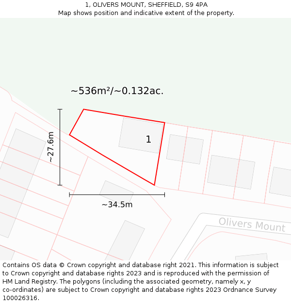 1, OLIVERS MOUNT, SHEFFIELD, S9 4PA: Plot and title map