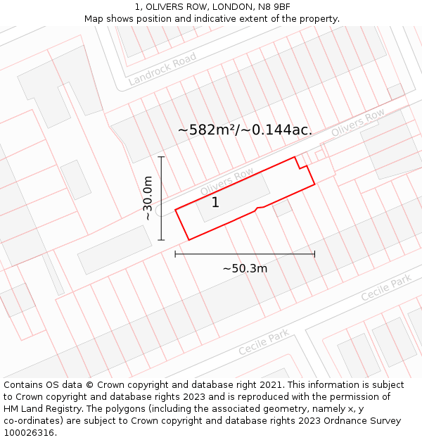 1, OLIVERS ROW, LONDON, N8 9BF: Plot and title map