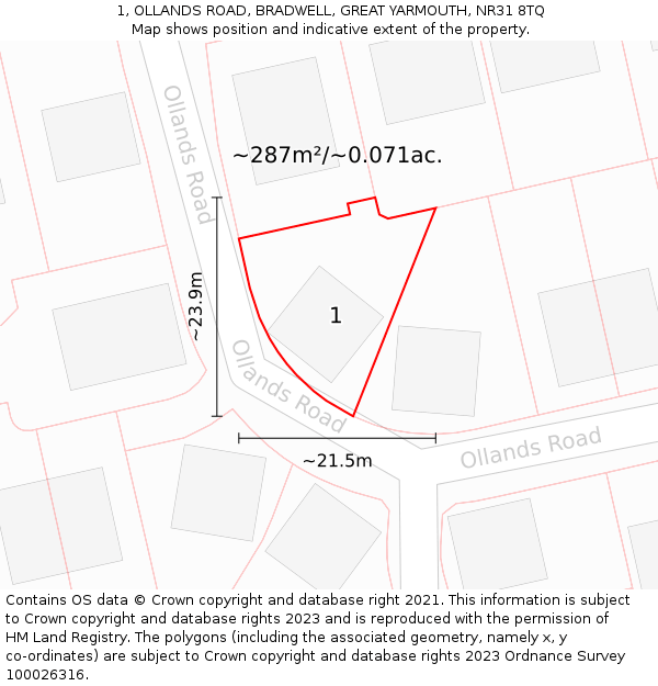 1, OLLANDS ROAD, BRADWELL, GREAT YARMOUTH, NR31 8TQ: Plot and title map