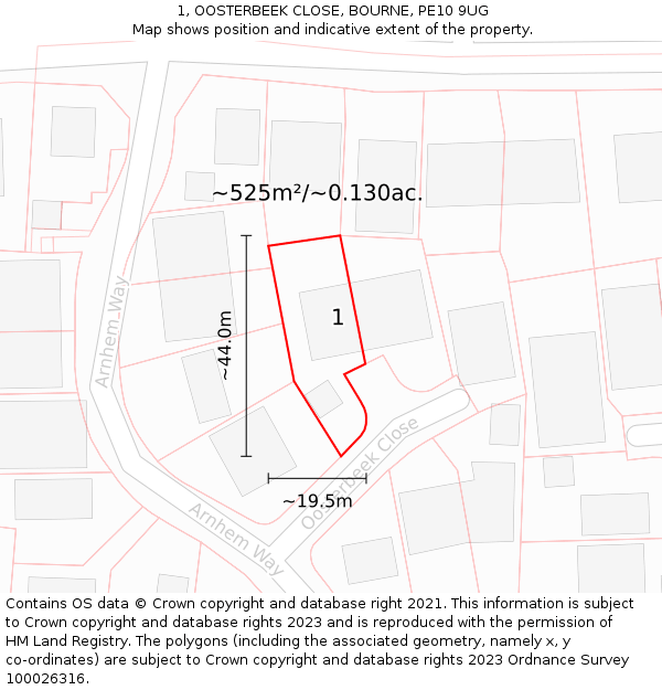 1, OOSTERBEEK CLOSE, BOURNE, PE10 9UG: Plot and title map