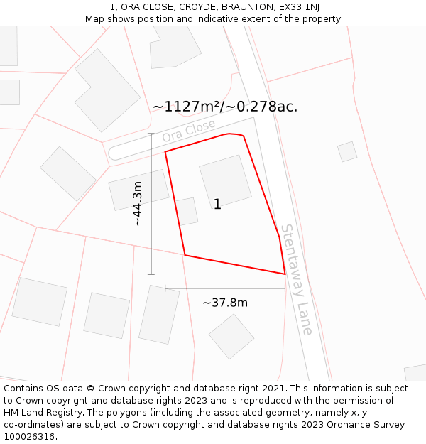 1, ORA CLOSE, CROYDE, BRAUNTON, EX33 1NJ: Plot and title map
