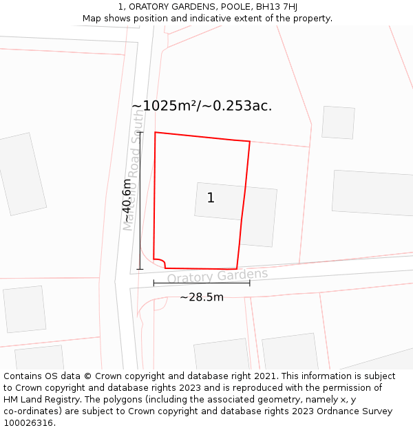 1, ORATORY GARDENS, POOLE, BH13 7HJ: Plot and title map