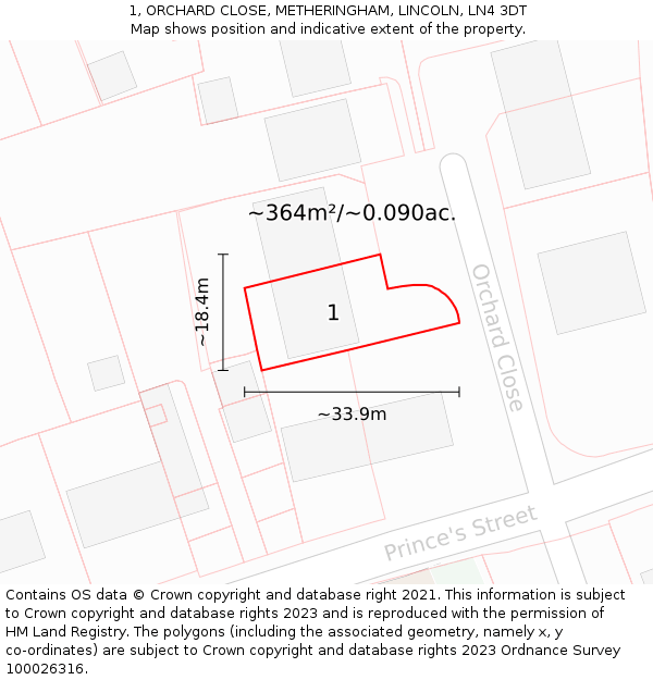 1, ORCHARD CLOSE, METHERINGHAM, LINCOLN, LN4 3DT: Plot and title map