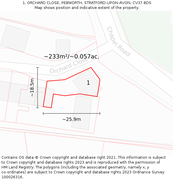 1, ORCHARD CLOSE, PEBWORTH, STRATFORD-UPON-AVON, CV37 8DS: Plot and title map