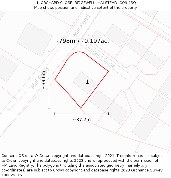 1, ORCHARD CLOSE, RIDGEWELL, HALSTEAD, CO9 4SQ: Plot and title map