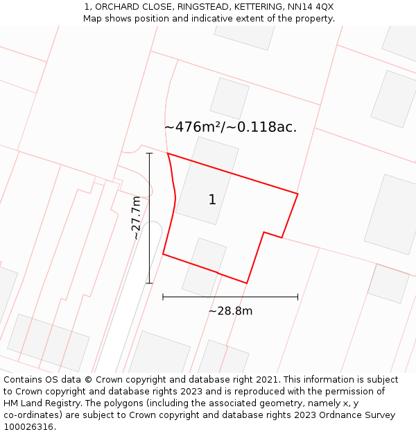 1, ORCHARD CLOSE, RINGSTEAD, KETTERING, NN14 4QX: Plot and title map