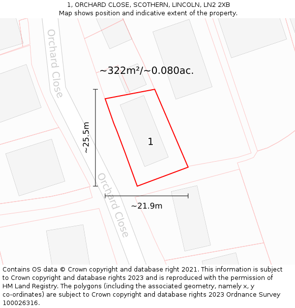 1, ORCHARD CLOSE, SCOTHERN, LINCOLN, LN2 2XB: Plot and title map