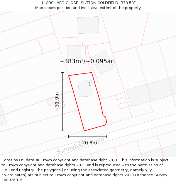 1, ORCHARD CLOSE, SUTTON COLDFIELD, B73 5RF: Plot and title map