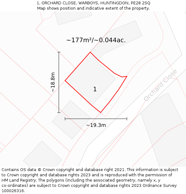 1, ORCHARD CLOSE, WARBOYS, HUNTINGDON, PE28 2SQ: Plot and title map