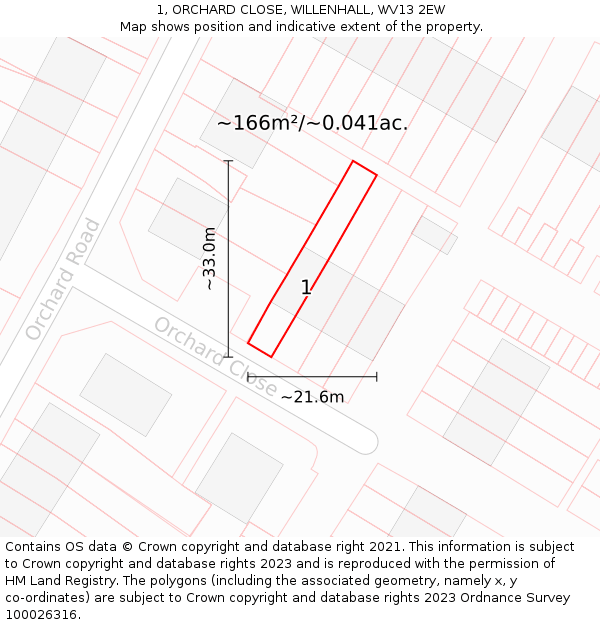 1, ORCHARD CLOSE, WILLENHALL, WV13 2EW: Plot and title map
