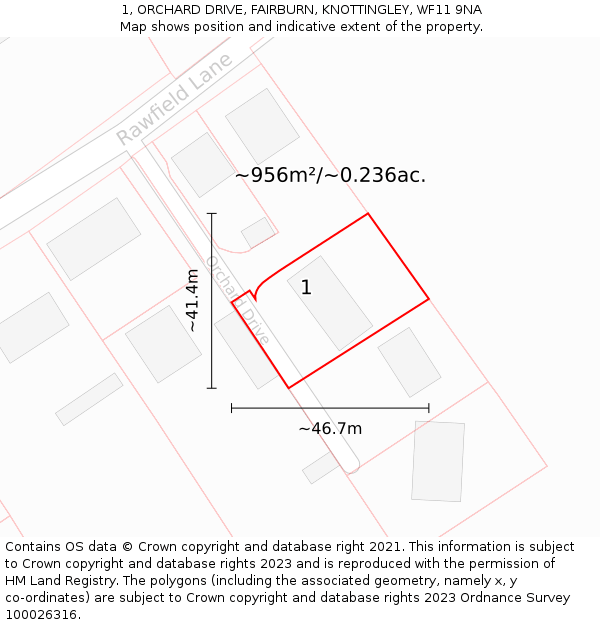 1, ORCHARD DRIVE, FAIRBURN, KNOTTINGLEY, WF11 9NA: Plot and title map
