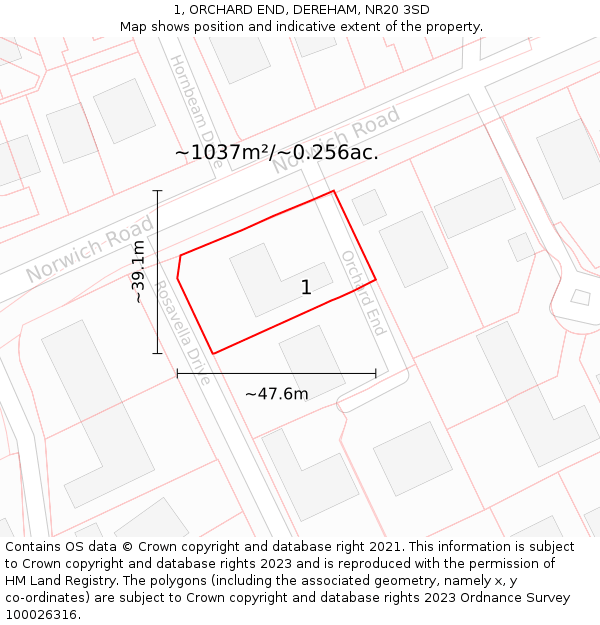 1, ORCHARD END, DEREHAM, NR20 3SD: Plot and title map