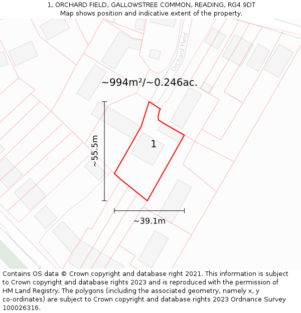 1, ORCHARD FIELD, GALLOWSTREE COMMON, READING, RG4 9DT: Plot and title map