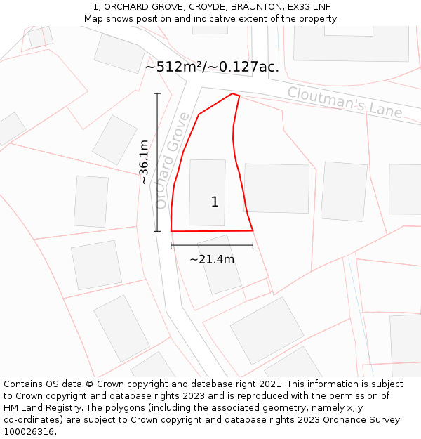 1, ORCHARD GROVE, CROYDE, BRAUNTON, EX33 1NF: Plot and title map