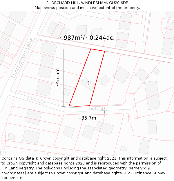1, ORCHARD HILL, WINDLESHAM, GU20 6DB: Plot and title map