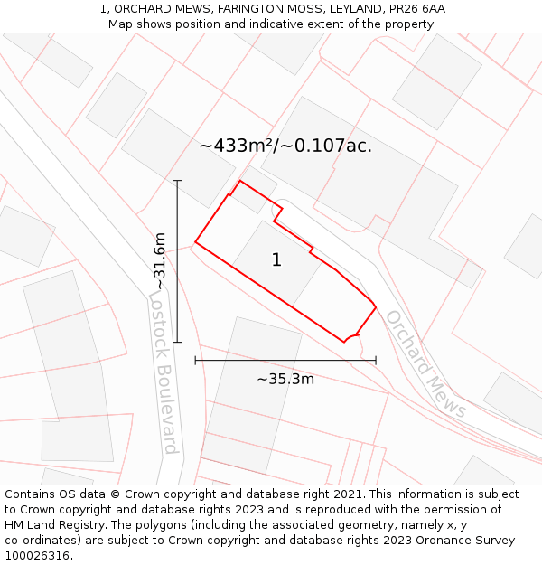 1, ORCHARD MEWS, FARINGTON MOSS, LEYLAND, PR26 6AA: Plot and title map
