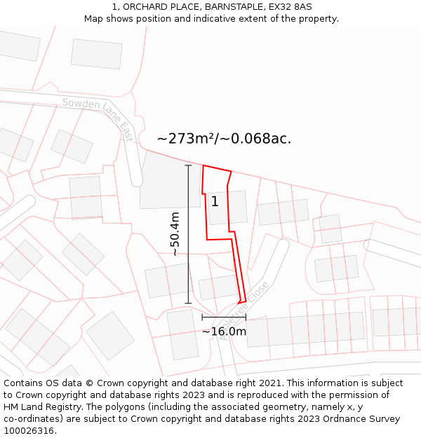 1, ORCHARD PLACE, BARNSTAPLE, EX32 8AS: Plot and title map