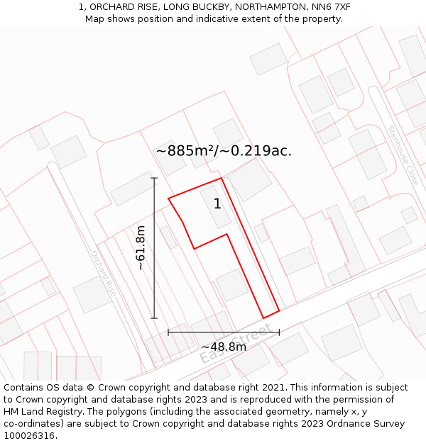 1, ORCHARD RISE, LONG BUCKBY, NORTHAMPTON, NN6 7XF: Plot and title map