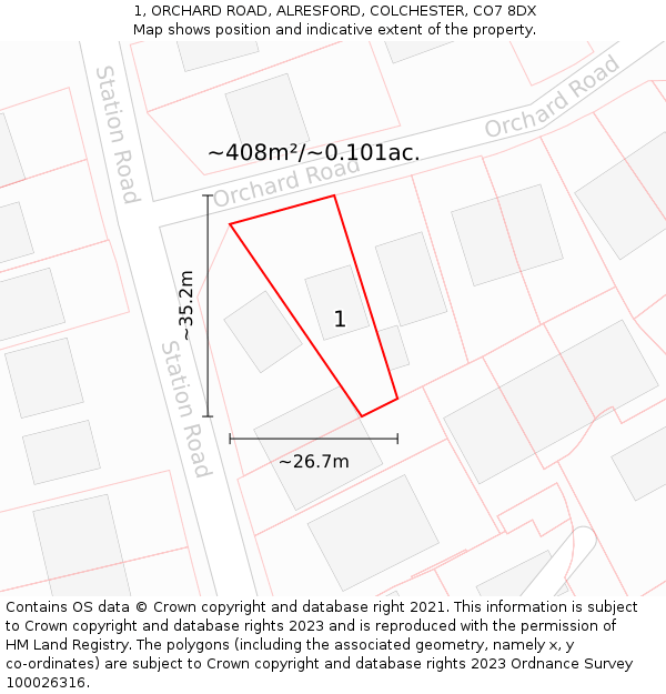 1, ORCHARD ROAD, ALRESFORD, COLCHESTER, CO7 8DX: Plot and title map