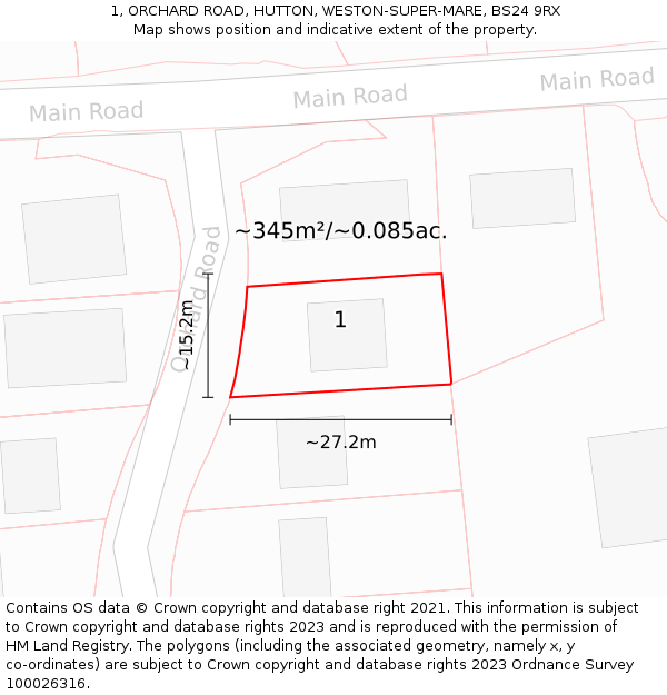 1, ORCHARD ROAD, HUTTON, WESTON-SUPER-MARE, BS24 9RX: Plot and title map