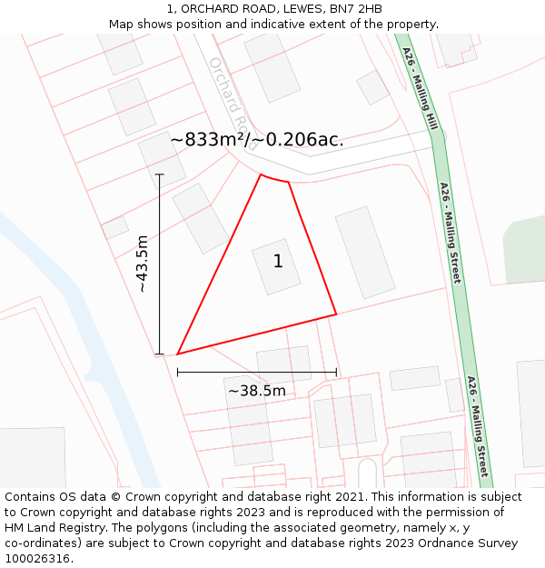 1, ORCHARD ROAD, LEWES, BN7 2HB: Plot and title map