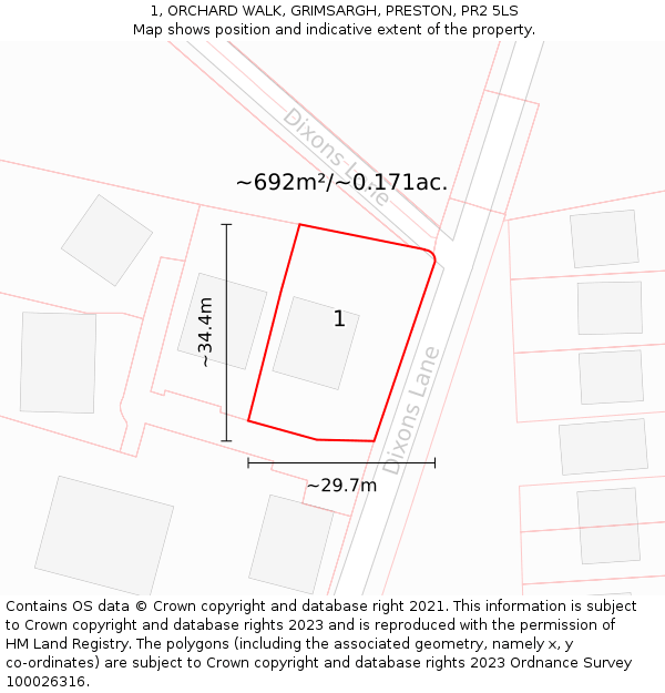 1, ORCHARD WALK, GRIMSARGH, PRESTON, PR2 5LS: Plot and title map