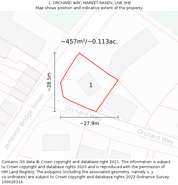 1, ORCHARD WAY, MARKET RASEN, LN8 3HE: Plot and title map