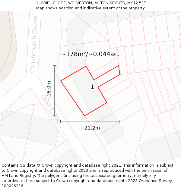 1, ORIEL CLOSE, WOLVERTON, MILTON KEYNES, MK12 5FE: Plot and title map