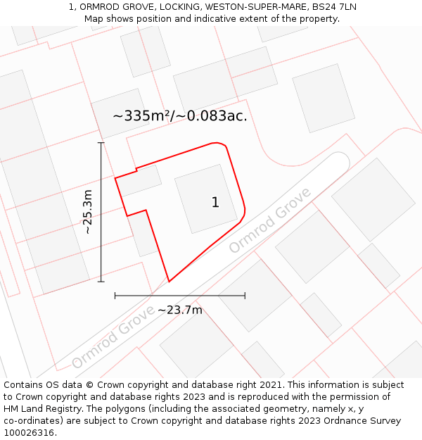 1, ORMROD GROVE, LOCKING, WESTON-SUPER-MARE, BS24 7LN: Plot and title map