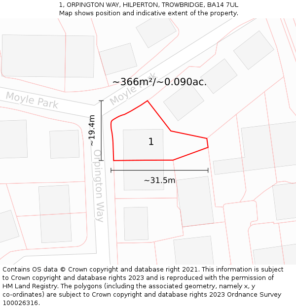 1, ORPINGTON WAY, HILPERTON, TROWBRIDGE, BA14 7UL: Plot and title map