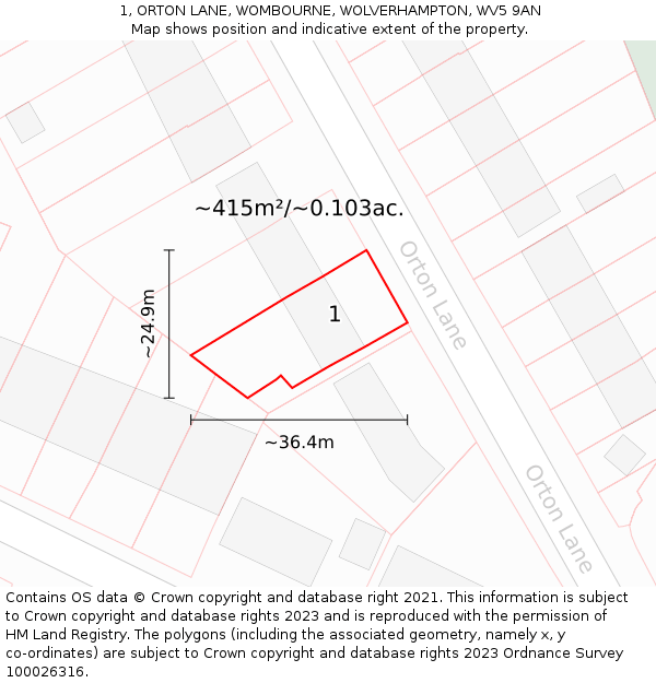 1, ORTON LANE, WOMBOURNE, WOLVERHAMPTON, WV5 9AN: Plot and title map