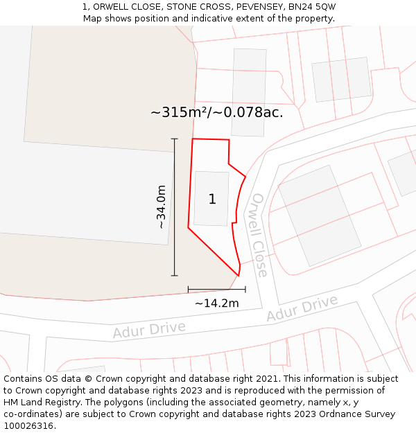 1, ORWELL CLOSE, STONE CROSS, PEVENSEY, BN24 5QW: Plot and title map
