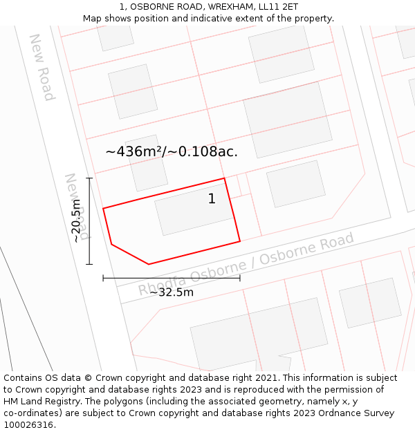 1, OSBORNE ROAD, WREXHAM, LL11 2ET: Plot and title map